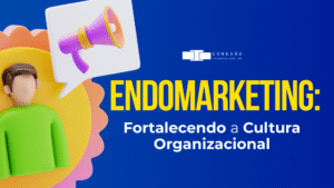 Imagem criada no canva com fundo azul e letra amarela escrito endomarketing e um ícone rosa e laranja de um boneco